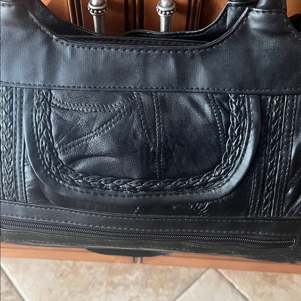 Elegant Black Braided & Patchwork Pleather Should… - image 2